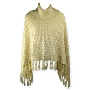 Vintage Knit Poncho Sweater Beige Tan Fringe 70s Jewels One Size Checkered Cape